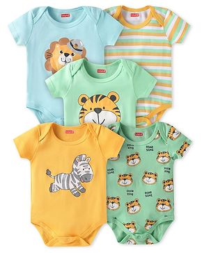 Babyhug 100% Cotton Knit Half Sleeves Striped & Animal Printed Onesies Pack of 5 - Yellow Blue & Green