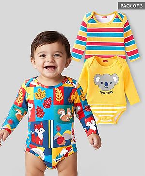 Babyhug Interlock Knit Full Sleeves Onesies With Animal Print Pack of 3 - Yellow Blue & Red