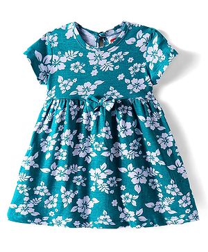 Babyhug Cotton Knit Half Sleeves Frock with Floral Print - Teal Blue