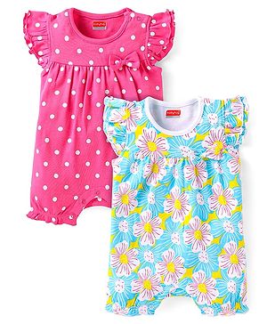 Babyhug Interlock Knit Half Sleeves Rompers With Floral & Polka Dot Print Pack of 2 - Dark Pink & Light Green
