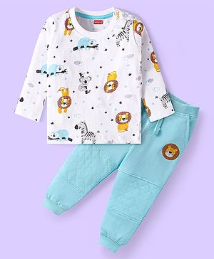 Babyhug Terry Knit Full Sleeves T-Shirt & Lounge Pant Set With Animal Print & Patch - White & Light Blue