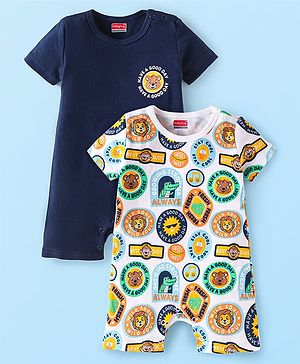 Babyhug Interlock Knit Half Sleeves Rompers With Animal & Text Print Pack of 2 - Navy Blue & White
