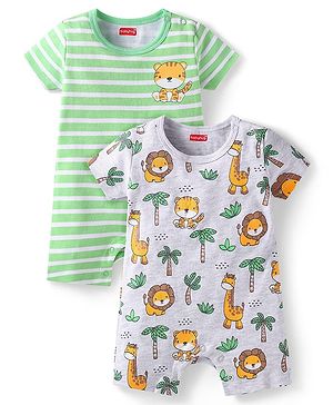 Babyhug Interlock Knit Half Sleeves Striped & Animal Printed Rompers Pack Of 2 - Green & Grey