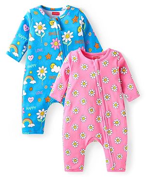 Babyhug Interlock Knit Full Sleeves Rompers With Floral Print Pack of 2 - Pink & Blue