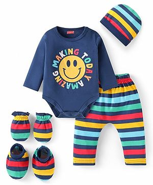 Babyhug 100% Cotton Knit Full Sleeves Smiley Printed Onesie with Striped Leggings Pair of Booties & Mittens with Cap - Navy Blue