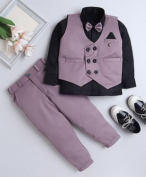 Fourfolds Full Sleeves Three Piece Solid Party Suit With Bow Set - Purple