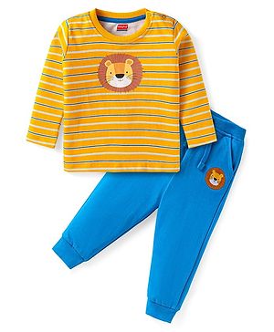 Babyhug Single Jersey Knit Full Sleeves Striped T-Shirt & Joggers Set with Animal Print - Yellow & Blue