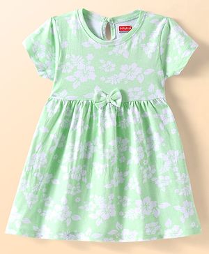 Babyhug Single Jersey Knit Half Sleeves Frock with Floral Print - Light Green