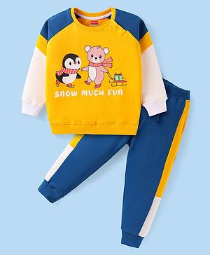 Babyhug Single Jersey Knit Full Raglan Sleeves Cut & Sew T-Shirt & Joggers Set with Animal Print - Yellow & Blue