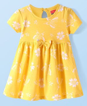 Babyhug Single Jersey Knit Half Sleeves Frock with Floral Print & Bow Applique - Yellow