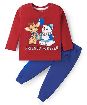 Babyhug Single Jersey Knit Full Sleeves Animal Printed T-Shirt & Lounge Pant Set  - Red & Blue