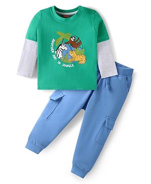 Babyhug Single Jersey Knit Full Doctor Sleeves Animal Printed T-Shirt & Joggers Set with Cargo Pockets - Blue & Light Green