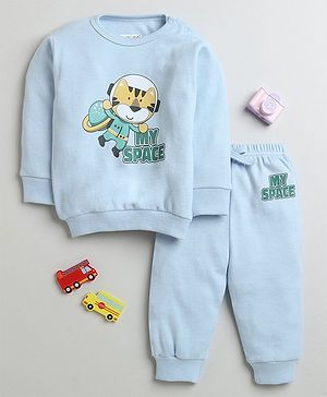 BUMZEE Cotton Full Sleeves Tiger Printed Sweatshirt & Joggers Set - Sky Blue