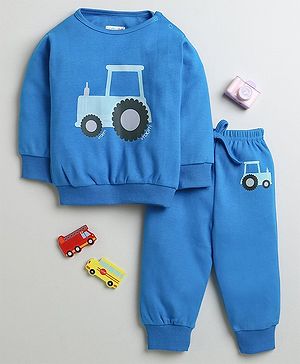 BUMZEE Cotton Full Sleeves Truck Printed Sweatshirt & Coordinating Joggers Set - Royal Blue