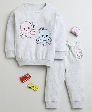 BUMZEE Cotton Full Sleeves Octopus Printed Sweatshirt & Coordinating Joggers Set - Grey Melange