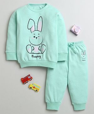 BUMZEE Cotton Full Sleeves Bunny Printed Sweatshirt & Coordinating Joggers Set - Mint Green