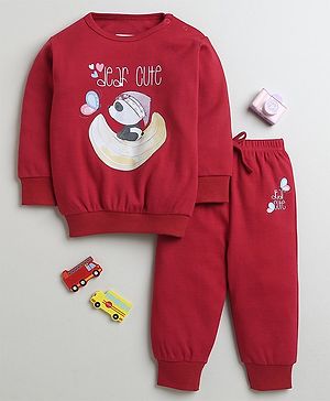 BUMZEE Cotton Full Sleeves Panda Printed Sweatshirt & Coordinating Joggers Set - Maroon