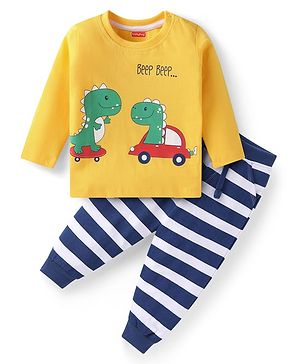 Babyhug Single Jersey Knit Full Sleeves T-Shirt & Lounge Pant Set With Dino Print - Yellow