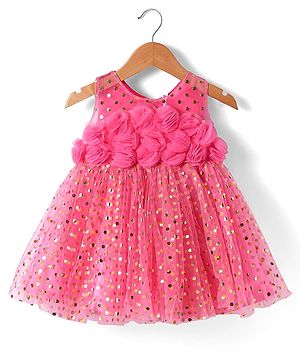 Babyhug Woven Sleeveless Foil Printed Fit & Flared Textured Party Mesh Dress with Floral Appliques on Yoke - Neon Pink