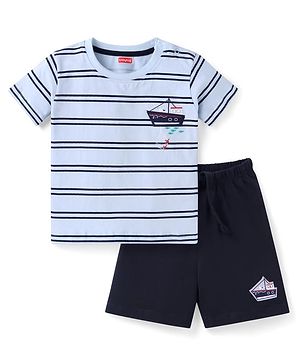 Babyhug  Single Jersey Knit Half Sleeves Striped T-Shirt & Shorts Set with Boat Print - Black