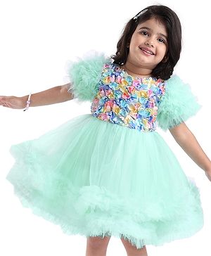 Babyhug Woven Half Sleeves Party Dress With Ruffle Detailing & Floral Corsage - Sea Green