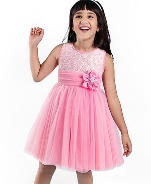 Babyhug Woven Sleeveless Party Dress With Floral Applique - Pink
