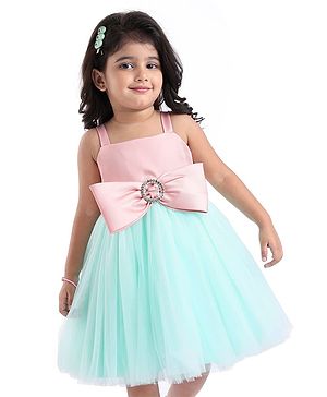 Babyhug Woven Sleeveless Party Dress With Bow Applique - Peach & Green