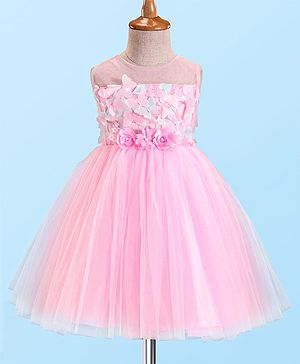 Babyhug Woven Sleeveless Party Dress With Floral & Butterfly Applique - Light Pink
