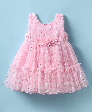 Babyhug Woven Sleeveless Mesh Dress with Foil Print & Floral Applique - Light Pink