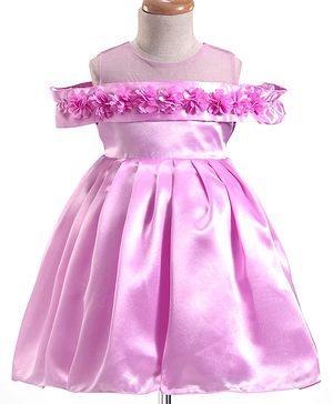 Babyhug Woven Cold Shoulder Sleeves Party Dress With Floral Corsage - Lilac
