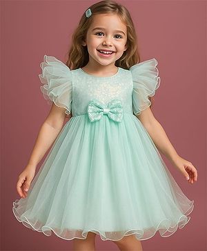 Babyhug Woven Frill Sleeves Party Dress With Sequinned Yoke & Bow Applique - Mint Green