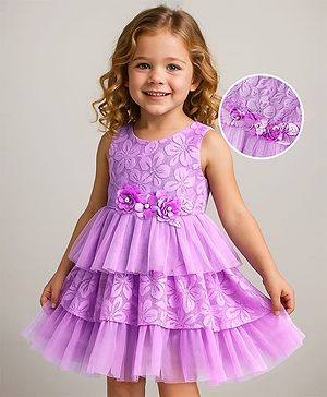 Babyhug Woven Sleeveless Party Dress With Floral Applique & Lace Detailing - Lilac