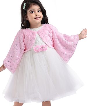 Babyhug Woven Full Sleeves Flora Foil Printed Shrug & Fit & Flared Shimmered Party Dress with Fur Yoke - Pink