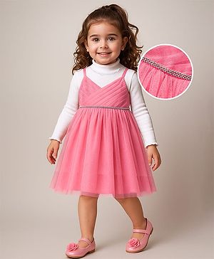 Babyhug Woven Shimmered Party Dress With Full Sleeves Solid Ribbed Inner Tee - Pink & White