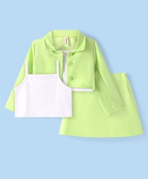 Babyhug Knit Full Sleeves Solid Color Top & Skirt Set with light Jacket- Light Green