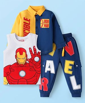 Babyhug Marvel Cotton Knit Full Sleeve Shirt With T-Shirt & Lounge Pant Set With Avengers Graphics - Blue Red Yellow
