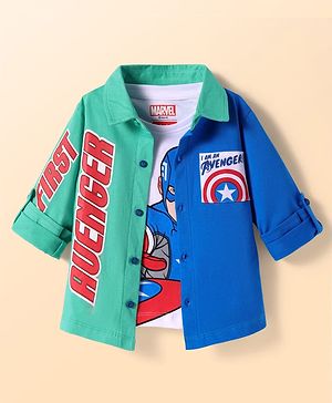 Babyhug Marvel Cotton Knit Full Sleeves Shirt with T- Shirt Avenger Graphics - Mint Green & Blue
