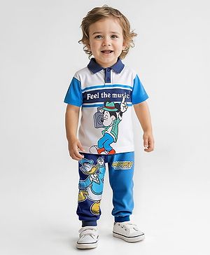 Babyhug Disney Cotton Knit Half Sleeves Polo T-Shirt & Lounge Pant Set With Mickey Mouse Graphics - White & Blue