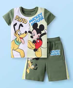 Babyhug Disney Cotton Knit Half Sleeves T-Shirt & Shorts Set With Mickey Mouse Graphics - Mint Dark Green