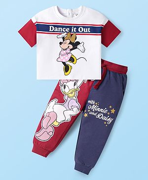 Babyhug Disney Cotton Knit Half Sleeves T-Shirt & Lounge Pant Set With Minnie Mouse & Daisy Graphics - White & Red
