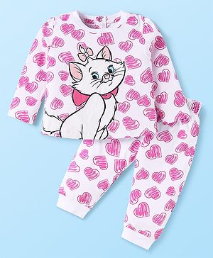 Babyhug Disney Single Jersey Knit Full Sleeve Night Suit With Front & Back Marie Graphic - White & Pink