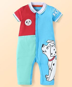 Babyhug Disney Interlock Knit Half Sleeves Front Open Collared Cut & Sew Romper with 101 Dalmatian Graphics & Badge Detailing - Light Blue