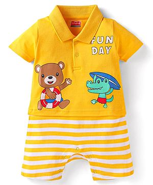 Babyhug Interlock Knit Half Sleeves Romper With Animal Print - Yellow