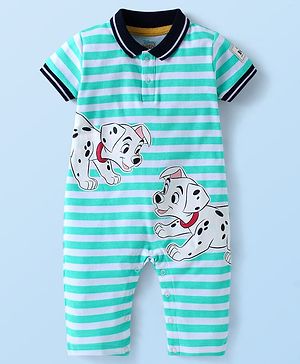 Babyhug Disney  Interlock Knit Half Sleeves Collared Romper with Stripes & 101 Dalmatians Graphics - White