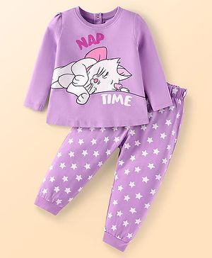 Babyhug Disney Single Jersey Knit Full Sleeves Night Suit With Marie Graphics - Lilac