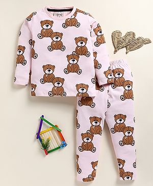 Little Marine Cotton Kint Full Sleeves Bear Printed Night Suit - Opera Pink