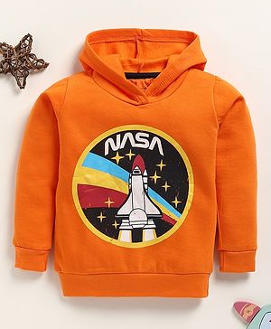 Little Marine Fleece Kint Full Sleeves Nasa Printed Hooded Sweatshirt - Orange