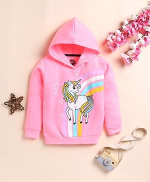 Little Marine Kint Fleece Full Sleeves Animal & Rainbow Printed Hooded Sweatshirt - Pink