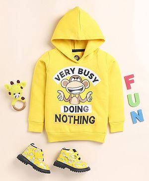 Little Marine Kint Fleece Full Sleeves Monkey & Text Printed Hooded Sweatshirt - Yellow