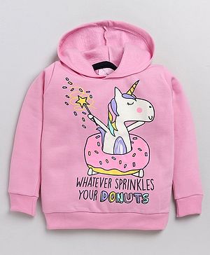 Little Marine Kint Fleece Full Sleeves Unicorn Printed Hooded Sweatshirt - Pink Salmon